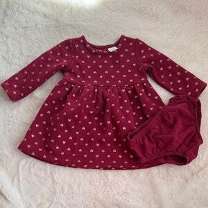 Burgundy Baby Dress with Gold Hearts